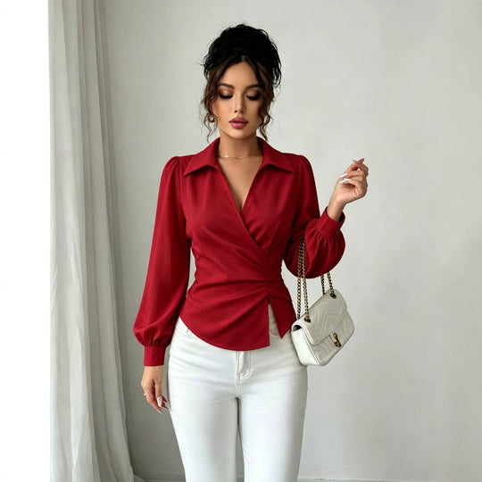 Damen Wickelbluse mit Taillenraffung, Hemdkragen und Ballonärmeln Shop Nory