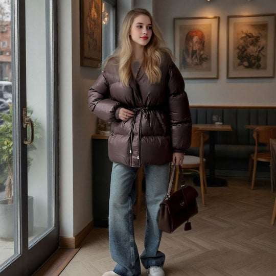 Damen Taillierte Steppjacke in Daunenoptik mit Tunnelzug und Kapuze Shop Nory