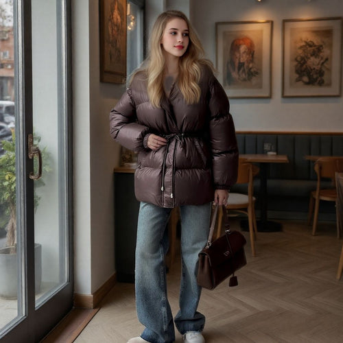 Damen Taillierte Steppjacke in Daunenoptik mit Tunnelzug und Kapuze Shop Nory