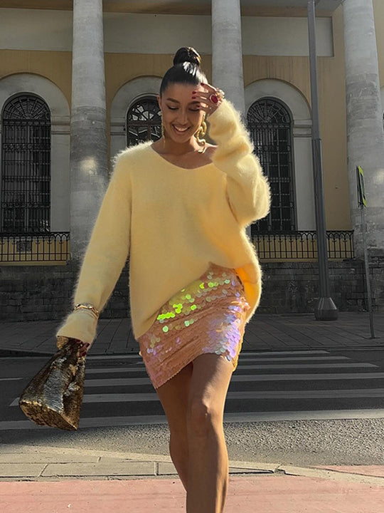 Damen Kuscheliger Oversize Mohairpullover mit V-Ausschnitt und verlängertem Rückensaum Shop Nory