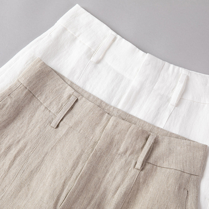 Damen Hochtaillierte Leinenhose mit weitem Bein, Bügelfalte und Gürtelschlaufen Shop Nory