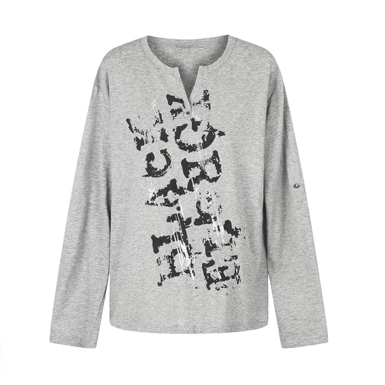 Damen Lässiges Langarmshirt mit Notch‑Ausschnitt, Oversize‑Silhouette und Druckgrafik Shop Nory
