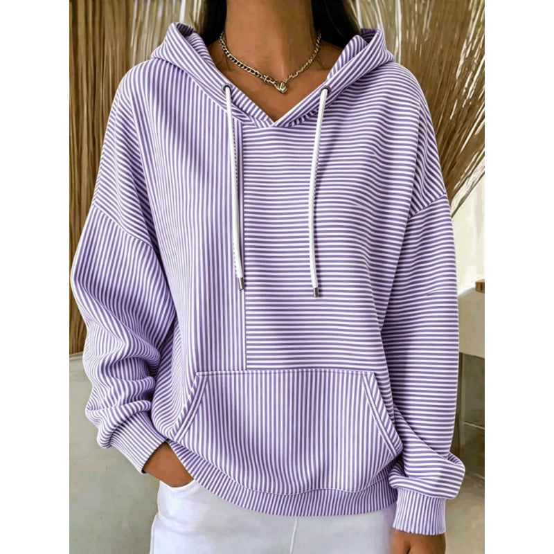Damen Oversize Kapuzenpullover mit feinem Streifenprint, Kängurutasche und V-Ausschnitt-Kapuze Shop Nory