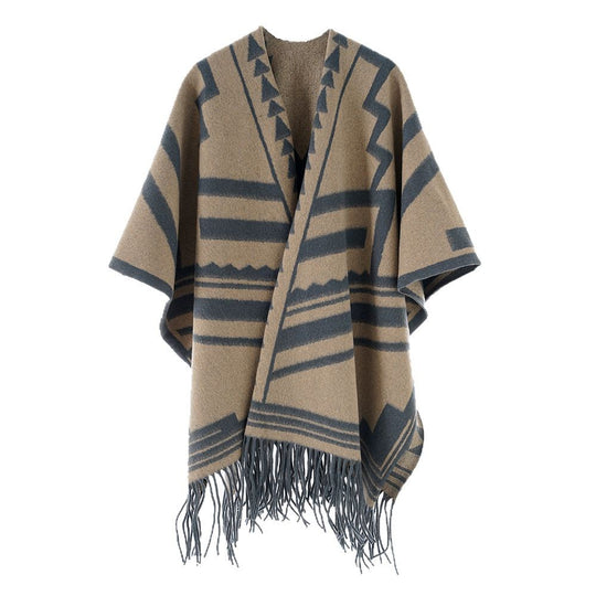 Damen Aztekisch inspirierter Wollmix-Überwurf mit asymmetrischem Fall und Fransensaum Shop Nory