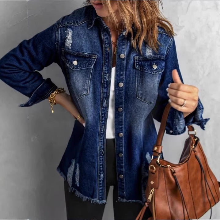 Damen Oversize-Denim-Hemdjacke mit Distressed‑Details und fransigem Saum Shop Nory