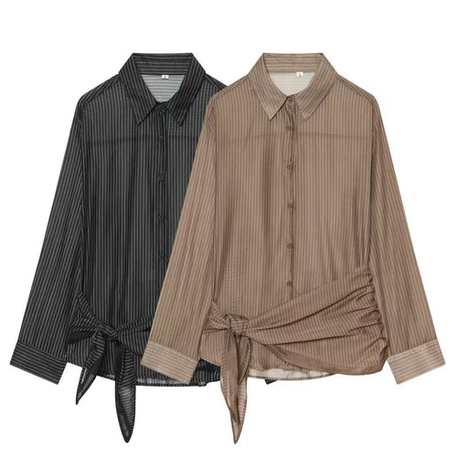 Damen Nadelstreifen-Seidenoptik-Bluse mit seitlicher Knotendetail Shop Nory