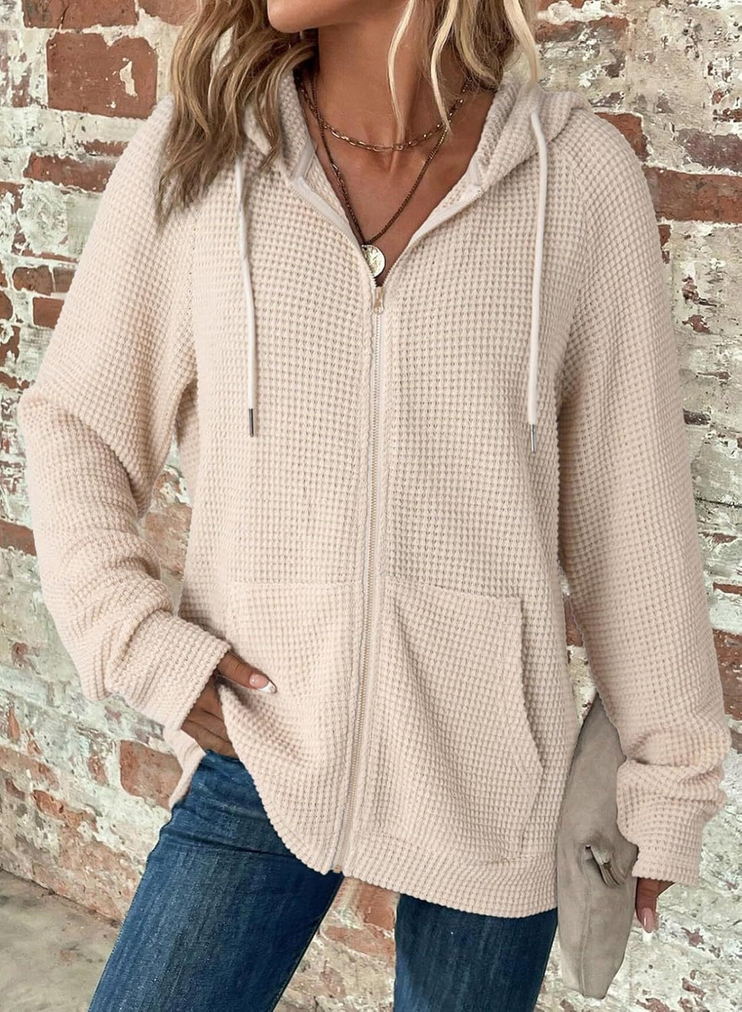 Damen Waffelstrick-Kapuzenjacke mit Reißverschluss, Kängurutaschen und entspannter Silhouette Shop Nory