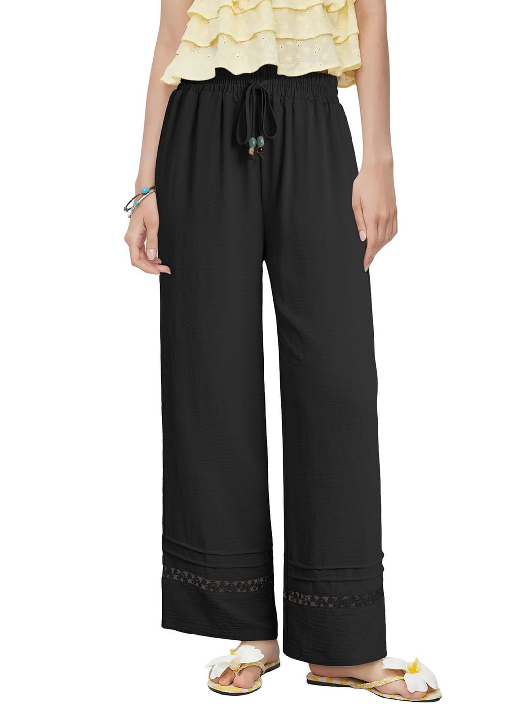 Damen Weite Leinenoptik-Hose mit hohem Gummibund, Bindekordel und Spitzeneinsatz Shop Nory