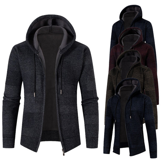Herren Strukturierter Strick-Zip-Hoodie mit gefütterter Kapuze und grafischem Patchmuster Shop Nory