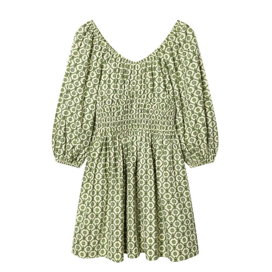 Damen Blumenkleid mit Smok-Taillierung und voluminösen Puffärmeln Shop Nory