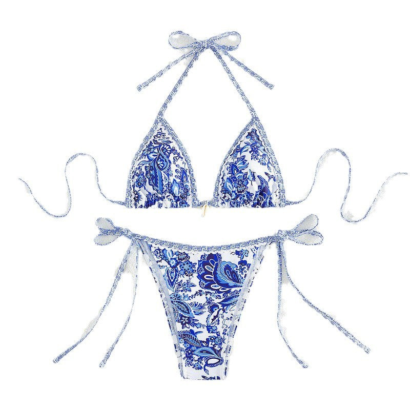 Damen Triangel-Bikini mit verspielten Schleifen und filigranem Muster