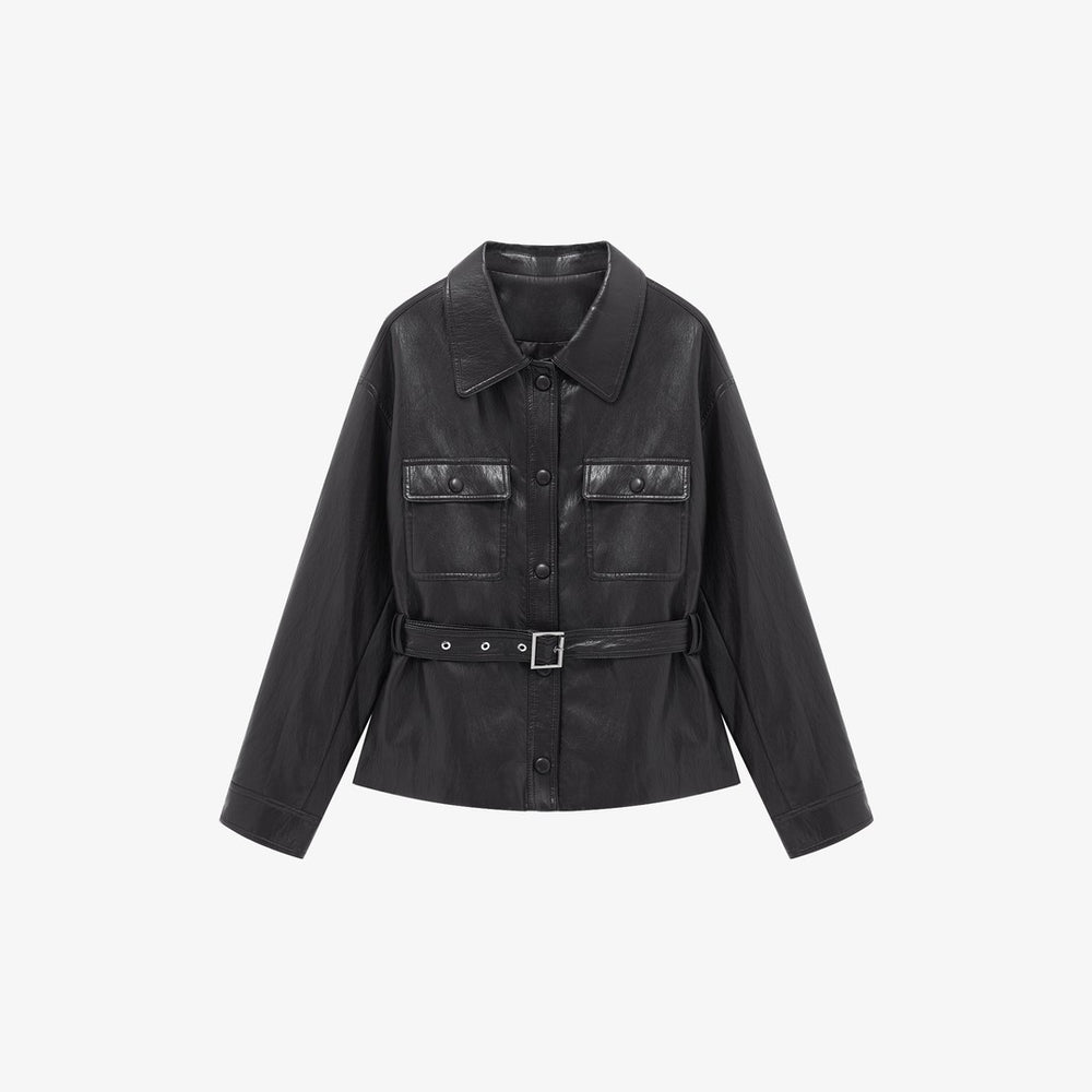 Damen Lederjacke im Oversize-Utility-Stil mit Taillengürtel Shop Nory
