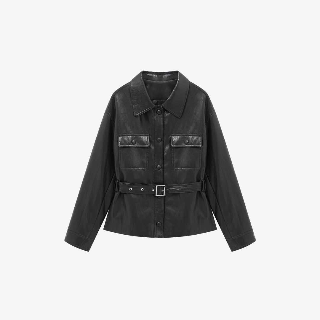 Damen Lederjacke im Oversize-Utility-Stil mit Taillengürtel Shop Nory