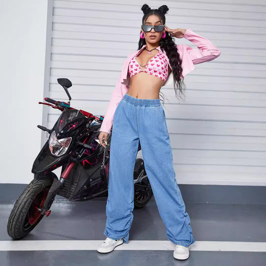 Damen Weite Denim-Hose mit elastischem Bund und gerafften Säumen Shop Nory