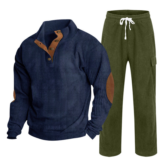 Herren Gemütliches Freizeit-Set aus Waffelstrick-Henley mit Ellenbogenpatch und Relax-Cargo-Hose Shop Nory