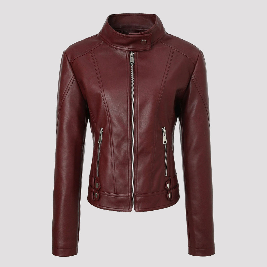Damen Figurbetonte Motorradjacke mit hohem Stehkragen und Ziergürtel-Details Shop Nory