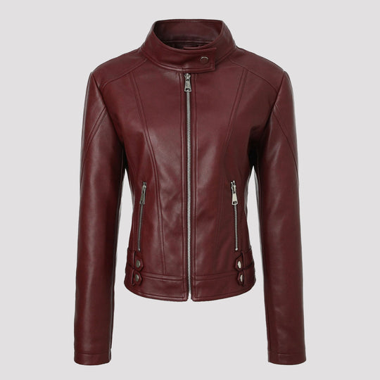 Damen Kurze taillierte Motorjacke aus Kunstleder mit Stehkragen und Schnallgurten Shop Nory