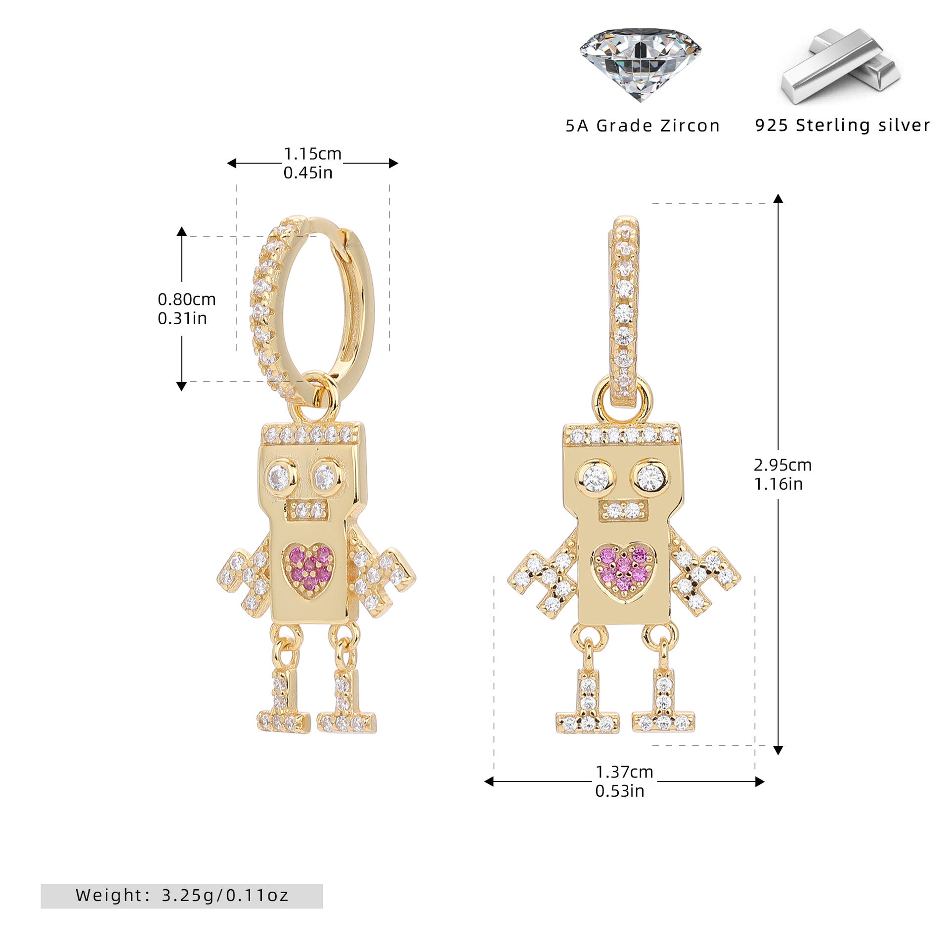 Damen Ohrhänger im kreativen Roboterdesign aus 925 Sterling Silber mit funkelnden Zirkonia Shop Nory