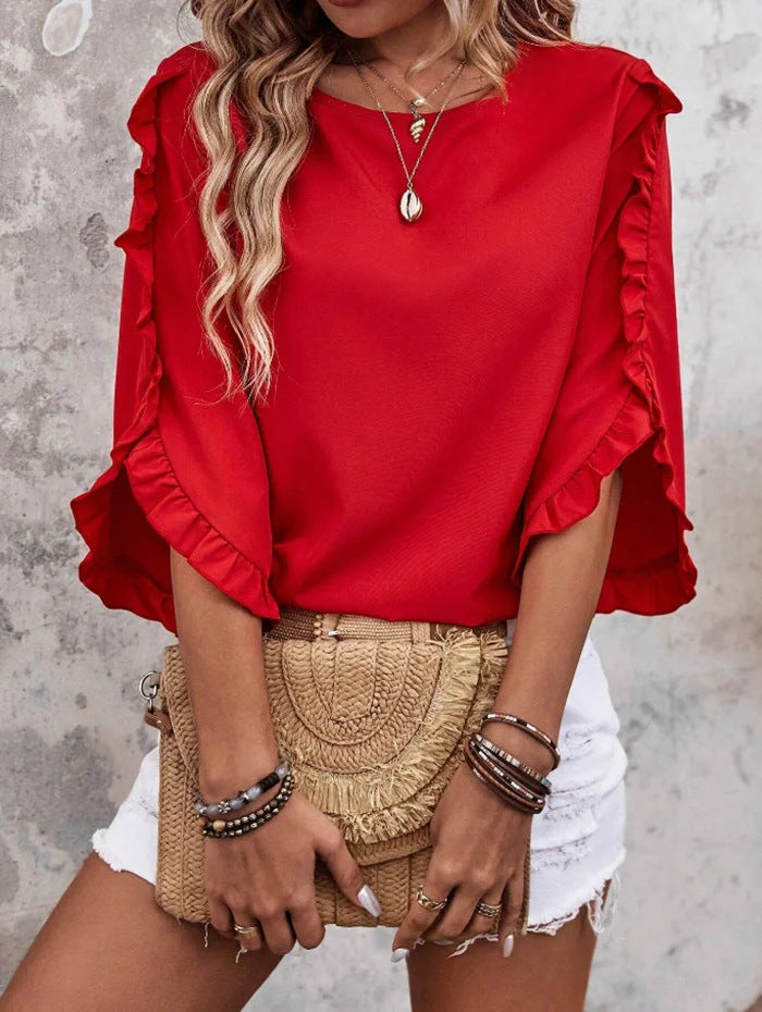 Damen Leichtes Rüschen‑Cape‑Top mit weitem Fledermausärmel Shop Nory