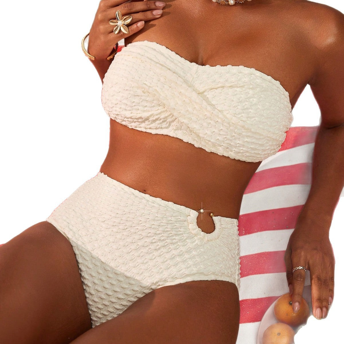Damen Bandeau-Bikini mit strukturiertem Obermaterial und hochgeschnittenem Höschen