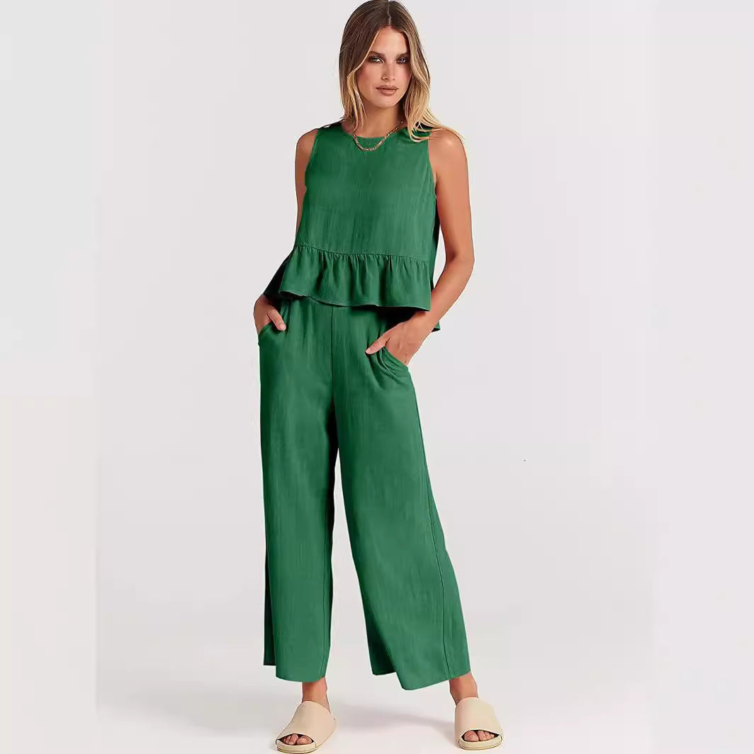 Damen Zweiteiler-Set mit schickem Peplum-Oberteil und weit geschnittenen Hosen