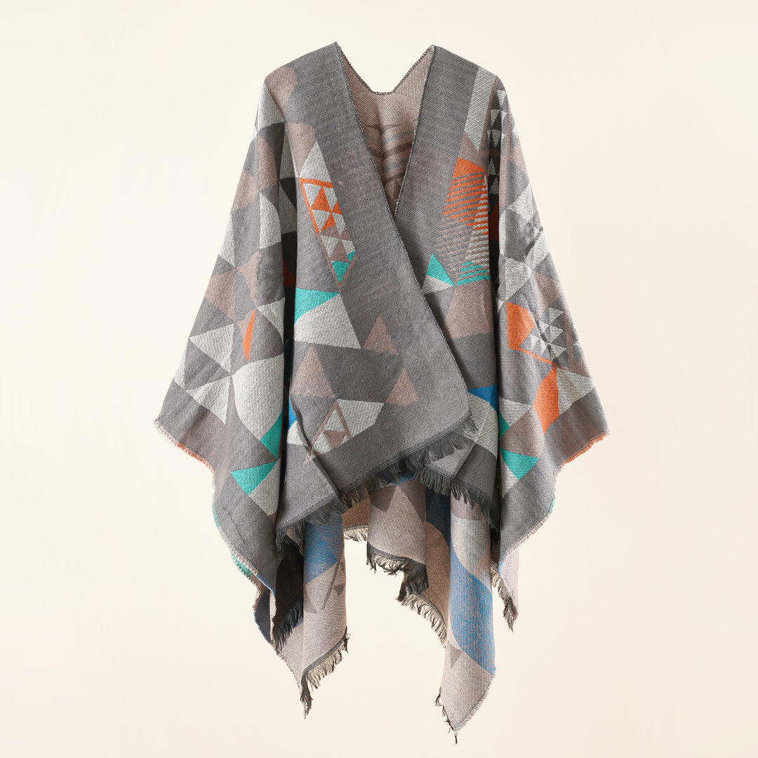Damen Oversize-Ruana im Jacquard-Wickelstil mit dreieckigem Muster und Fransensaum Shop Nory
