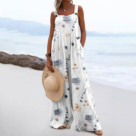 Damen Weit geschnittene Latzhose mit floralem Muster und praktischen Taschen Shopnory