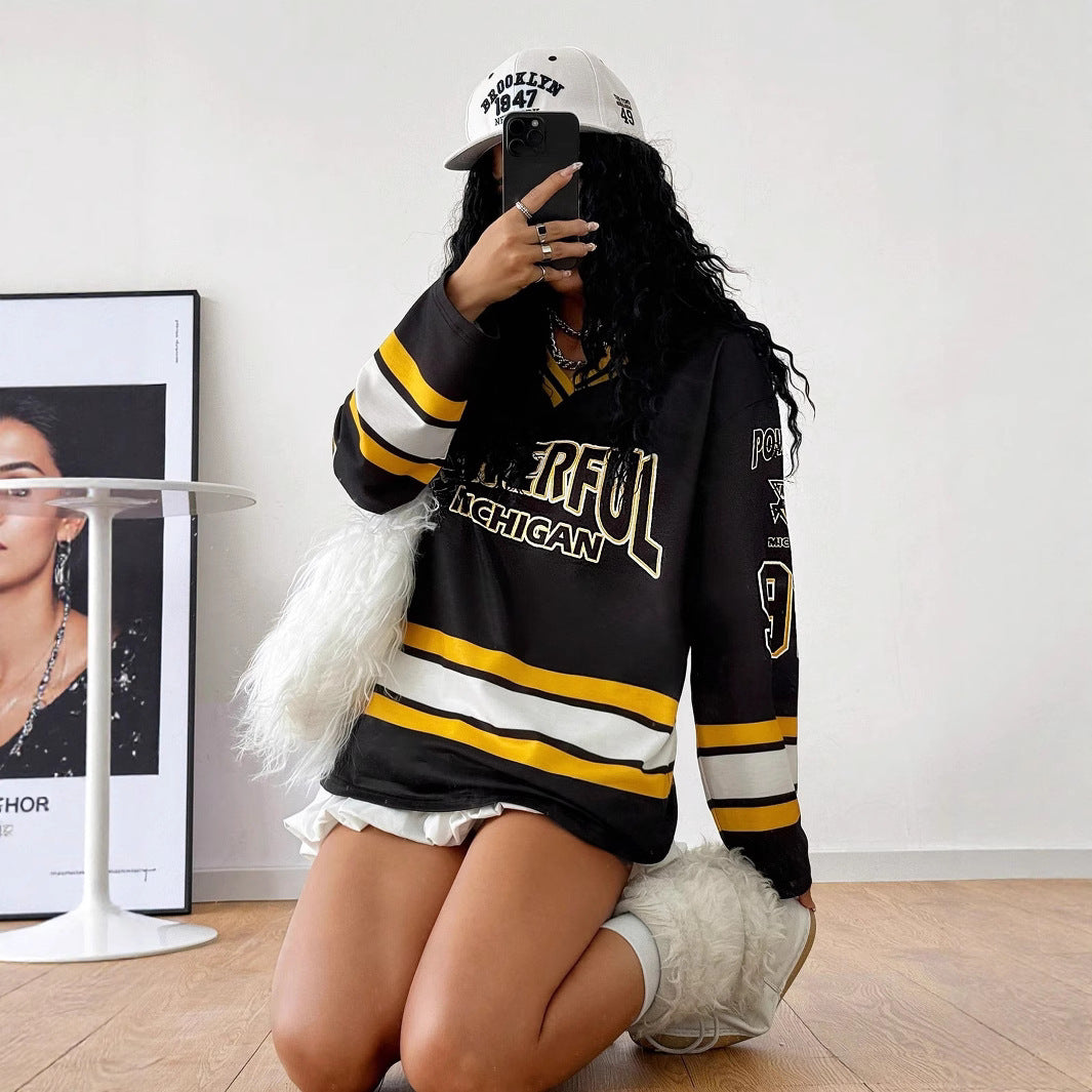Damen Lässiges Oversized-Sweatshirt im Hockey-Look mit V-Ausschnitt und Blockstreifen Shop Nory