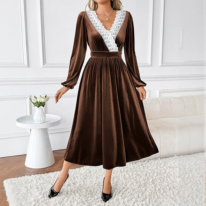 Damen Elegantes Samtkleid mit V‑Ausschnitt, Spitzenbesatz und taillierter Midilänge Shop Nory