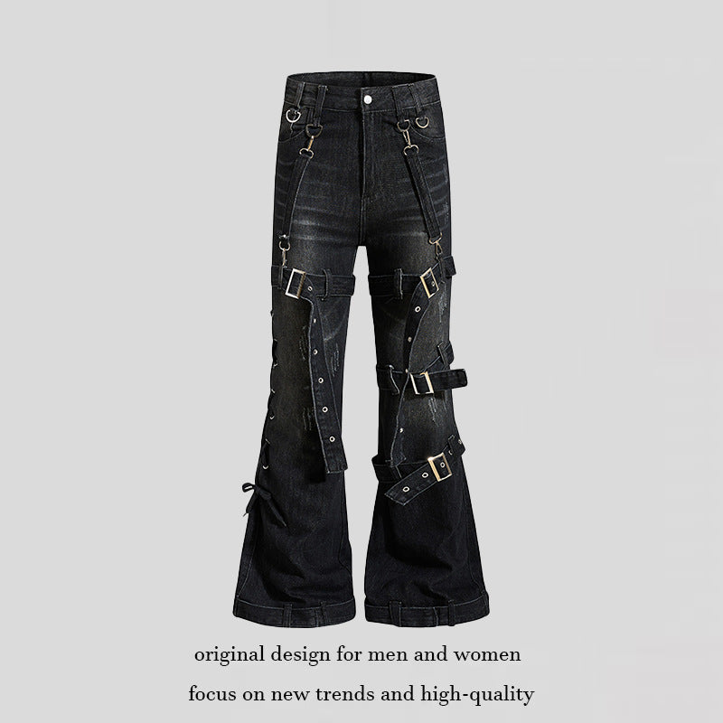Damen Bondage-Flared-Jeans mit dekorativen Schnallen, Riemen und Used-Look Shop Nory