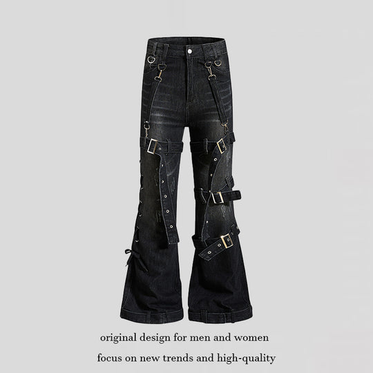 Damen Bondage-Flared-Jeans mit dekorativen Schnallen, Riemen und Used-Look Shop Nory