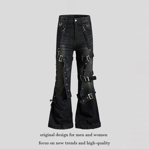Damen Bondage-Flared-Jeans mit dekorativen Schnallen, Riemen und Used-Look Shop Nory