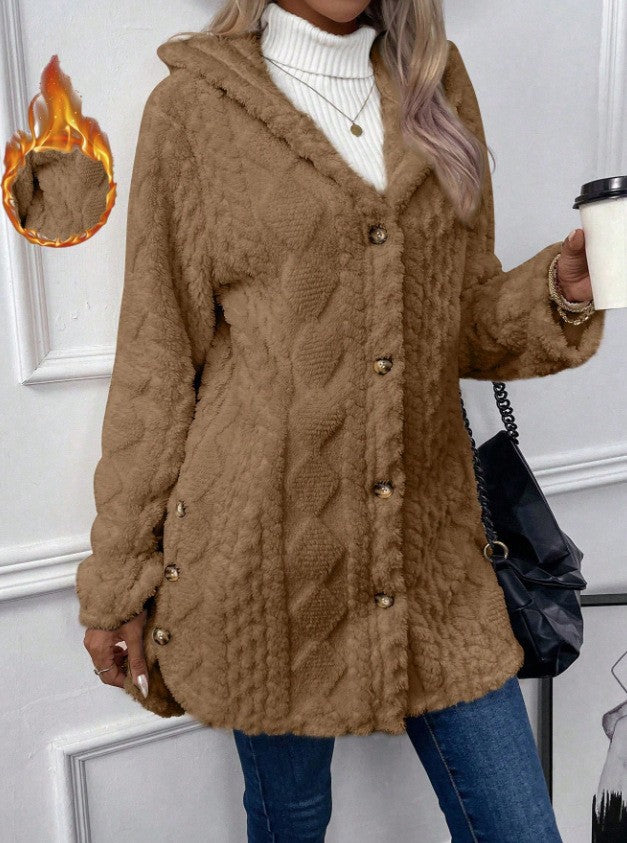 Damen nan gefütterter Kapuzen-Teddy-Mantel mit Zopfmuster, dekorativen Knöpfen und warmem Fleecefutter Shop Nory