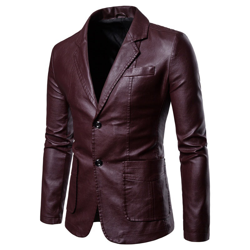 Herren Slim-Fit Kunstleder-Blazer mit Revers, Knopfleiste und aufgesetzten Taschen Shop Nory