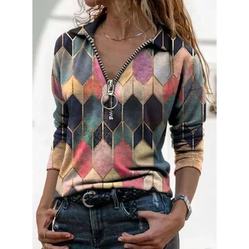 Damen Zip-Pullover mit Polokragen, grafischem Rautenprint und schmaler Passform Shop Nory