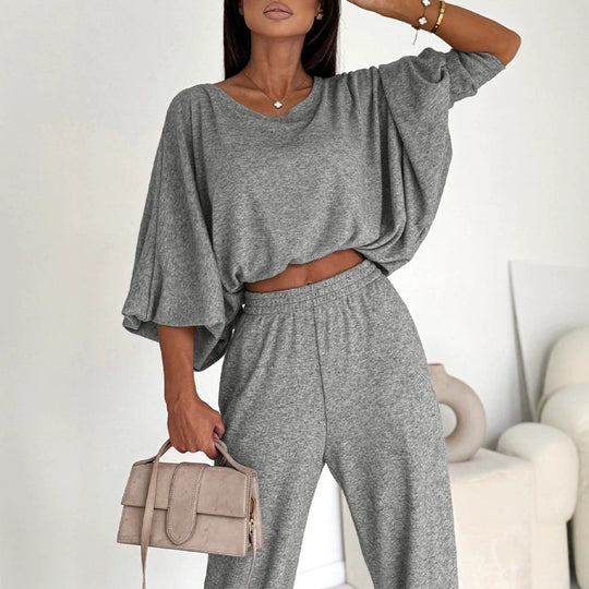 Damen Lässiges Strick-Lounge-Set mit Fledermausärmeln und High-Waist-Joggpants Shop Nory