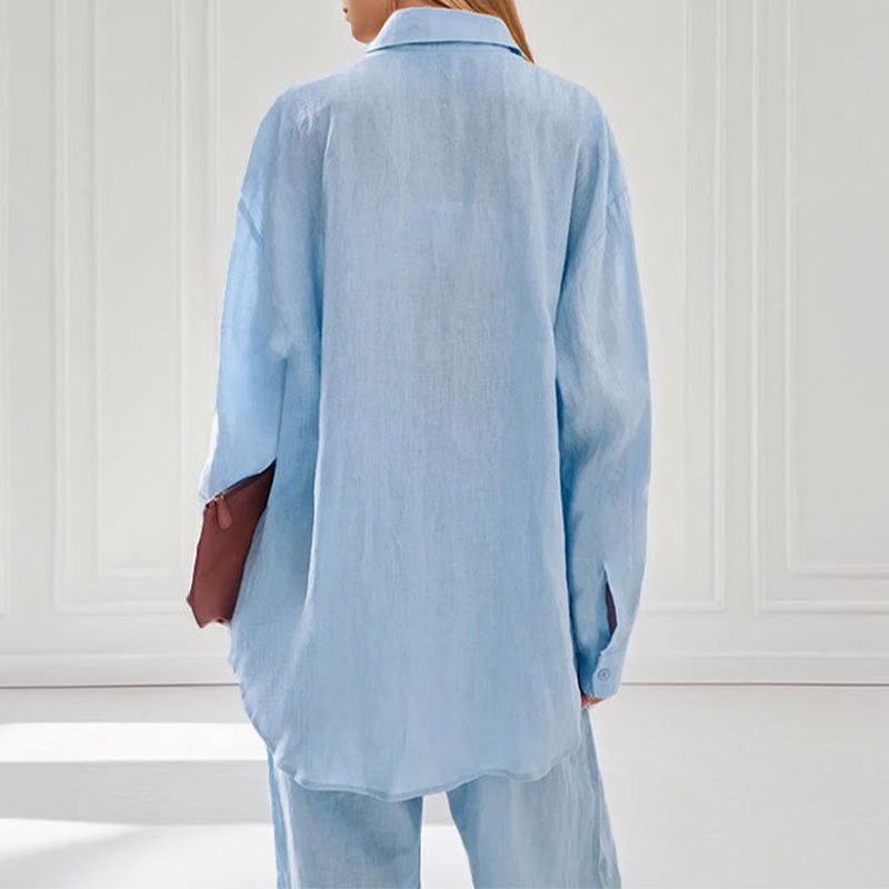 Damen lässiges Leinen-Hemd- und Hosen-Set