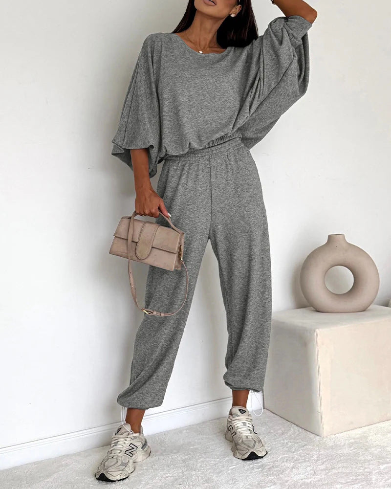 Damen Lässiges Strick-Lounge-Set mit Fledermausärmeln und High-Waist-Joggpants Shop Nory