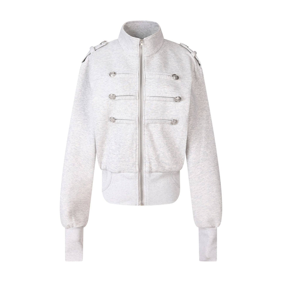 Damen Kurze Sweatjacke im Military‑Style mit Stehkragen und Zierpatten Shop Nory