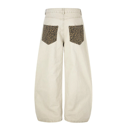 Damen Weite High‑Waist Palazzo-Jeanshose mit Leopardeinsätzen und Eingrifftaschen Shop Nory