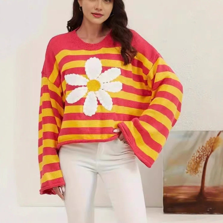 Damen Modischer gestreifter Crop-Pullover mit Blumenmuster