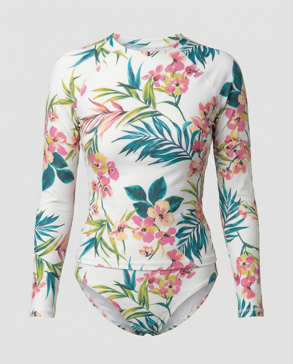 Damen Sportlicher Rashguard-Bikini-Set mit langem Arm und floralem Design