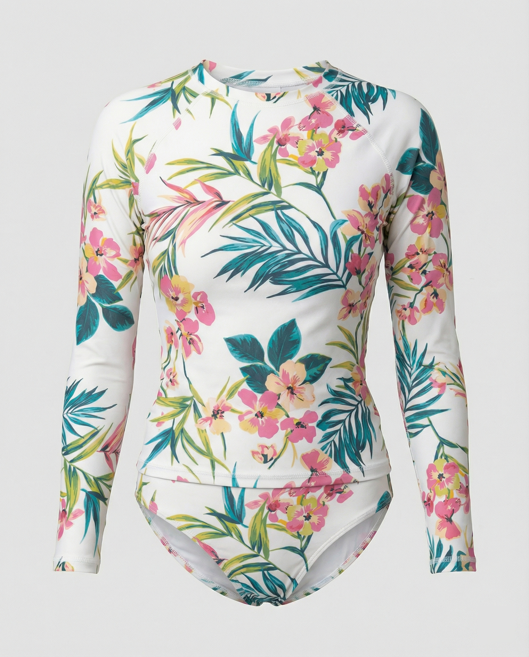 Damen Sportlicher Rashguard-Bikini-Set mit langem Arm und floralem Design