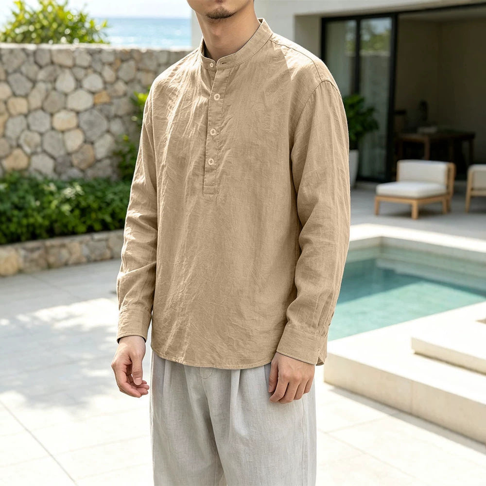 Herren Leinen-Mix Langarmshirt Henley mit Stehkragen Shop Nory