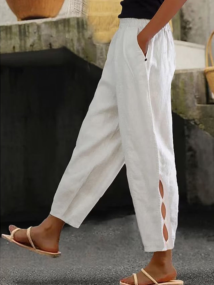 Damen Leichte Leinenhose mit seitlichen Schlitzen und elastischem Bund