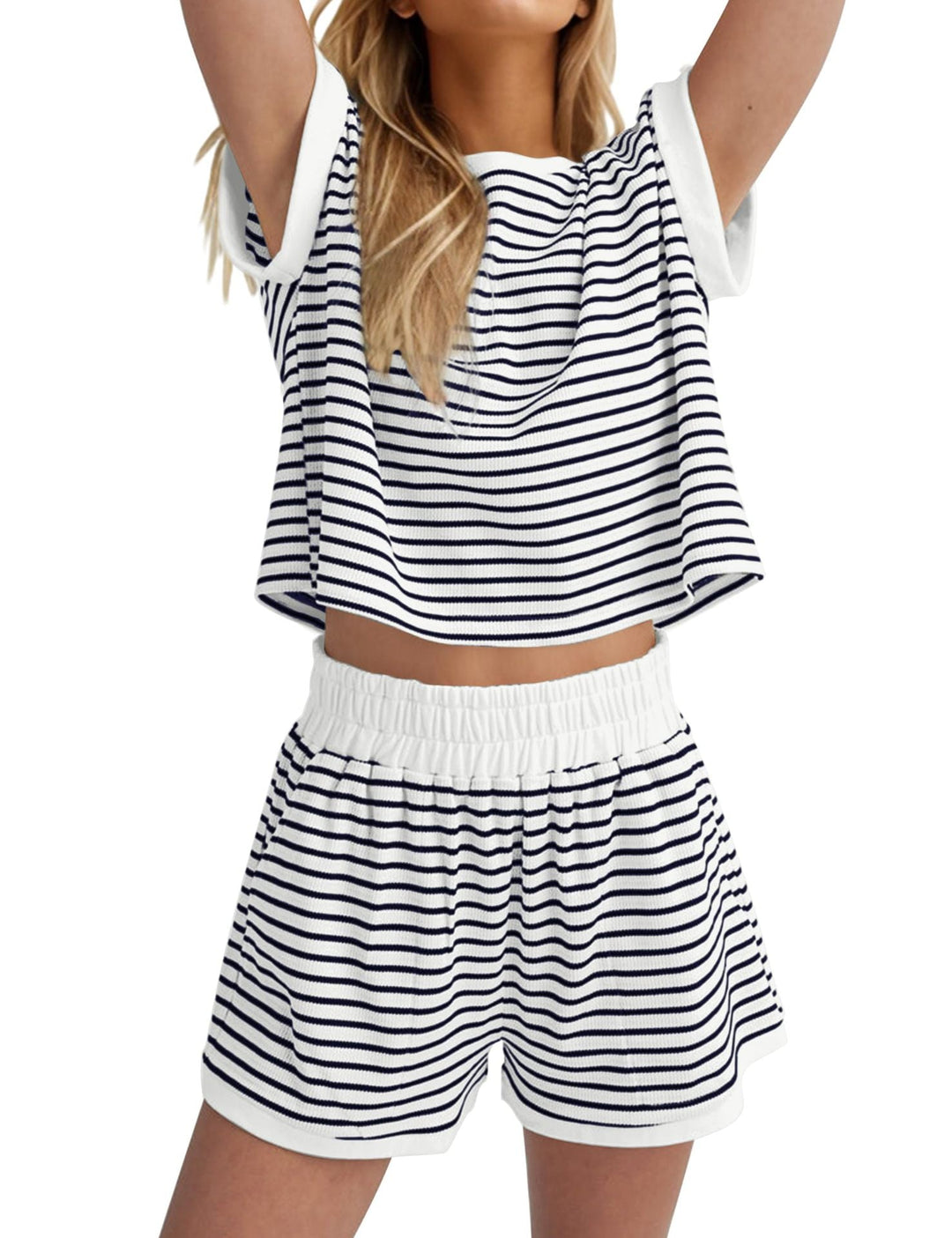 Damen Lässiges gestreiftes Set aus lockerer Oberteil und Shorts