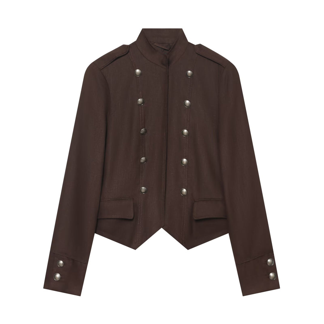 Damen Kurze militärisch-inspirierte Doppelreihige Jacke mit Stehkragen und Pattentaschen Shop Nory