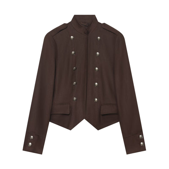 Damen Kurze militärisch-inspirierte Doppelreihige Jacke mit Stehkragen und Pattentaschen Shop Nory