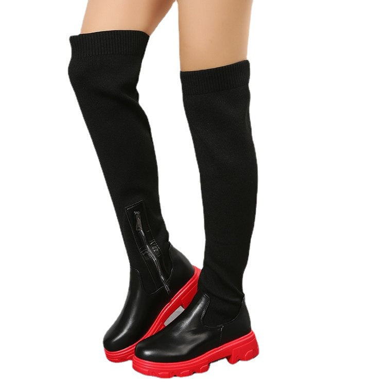 Damen Overknee-Stiefel mit zweifarbiger Plateau-Lugsohle und geripptem Strickschaft Shop Nory