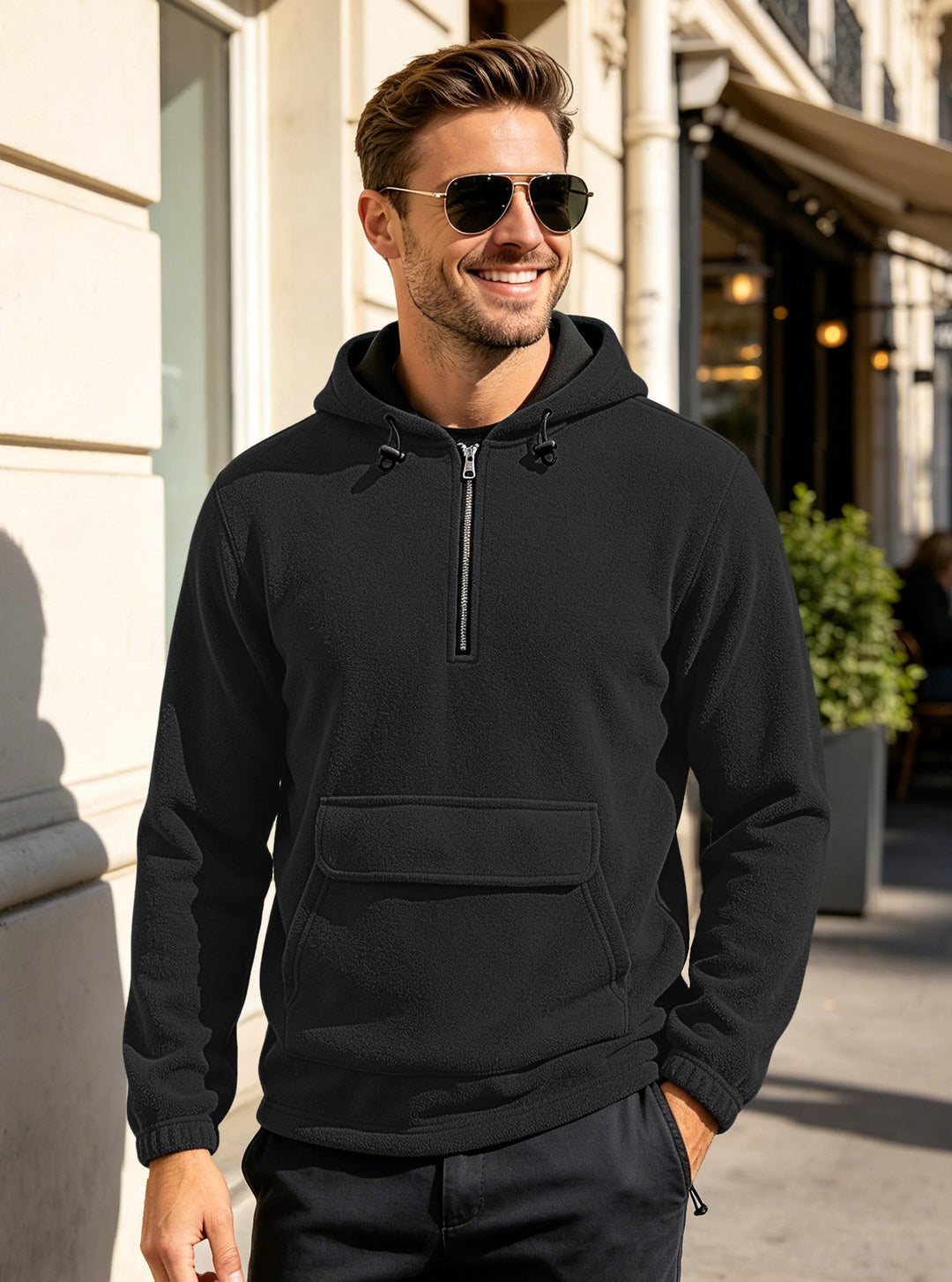 Herren Fleece-Hoodie mit halbem Reißverschluss, Kängurutasche und verstellbarer Kapuze Shop Nory